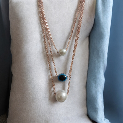 Pearls and Evil-Eye Three Layer Chain