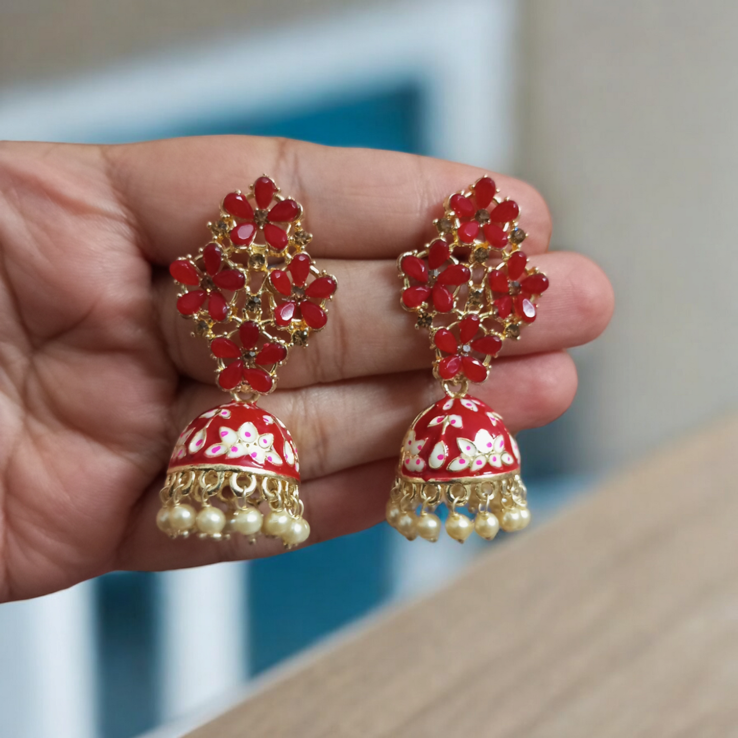 Heena Small Pearl Meenakari Jhumki Earrings