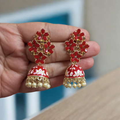 Heena Small Pearl Meenakari Jhumki Earrings