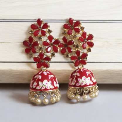 Heena Small Pearl Meenakari Jhumki Earrings