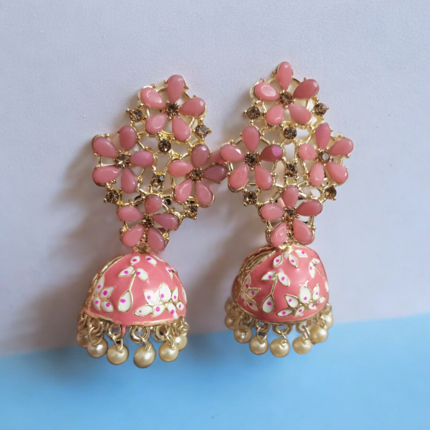 Heena Small Pearl Meenakari Jhumki Earrings