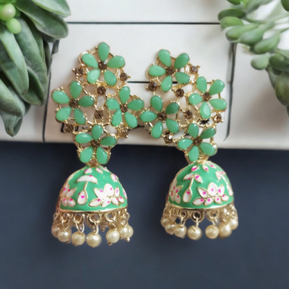 Heena Small Pearl Meenakari Jhumki Earrings