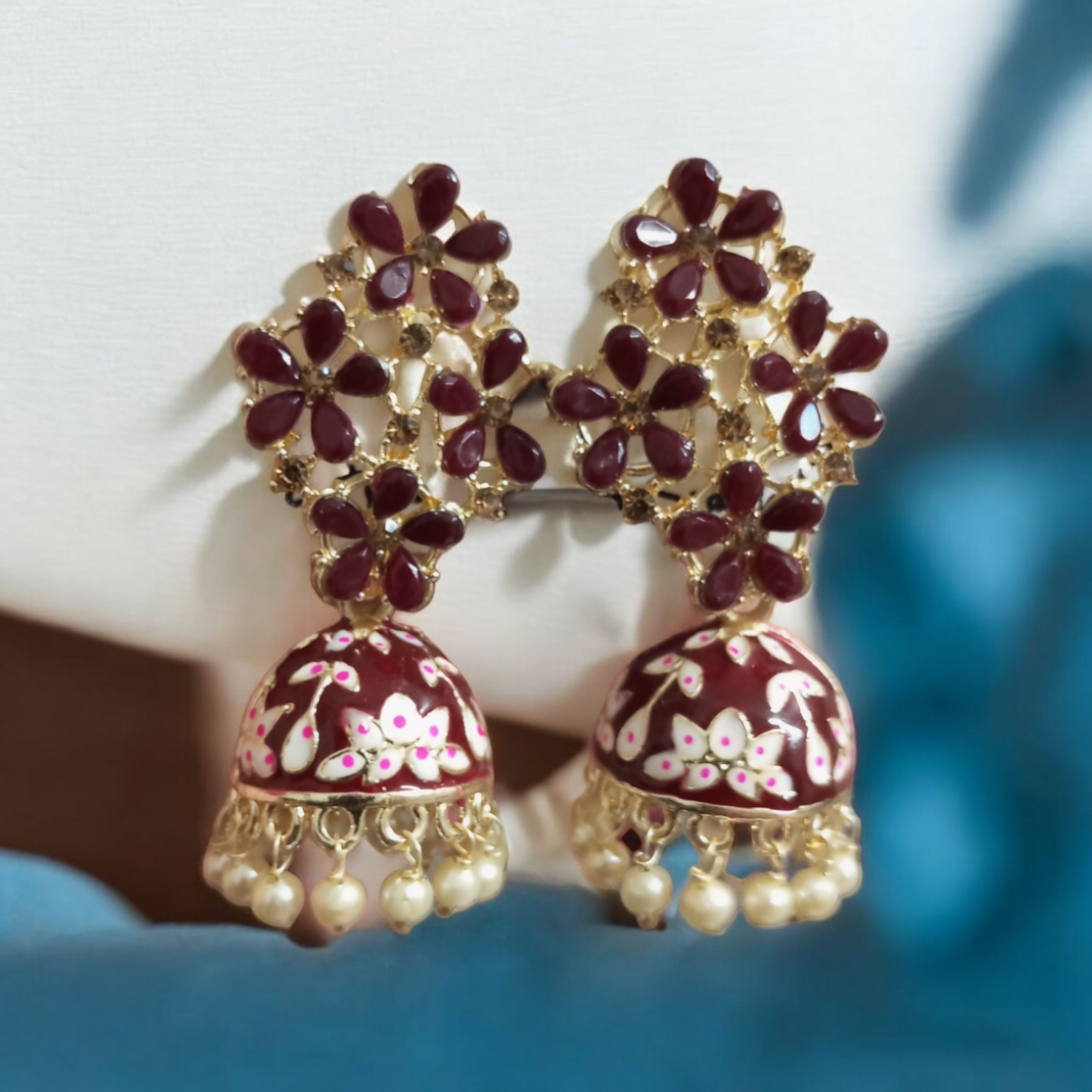 Heena Small Pearl Meenakari Jhumki Earrings