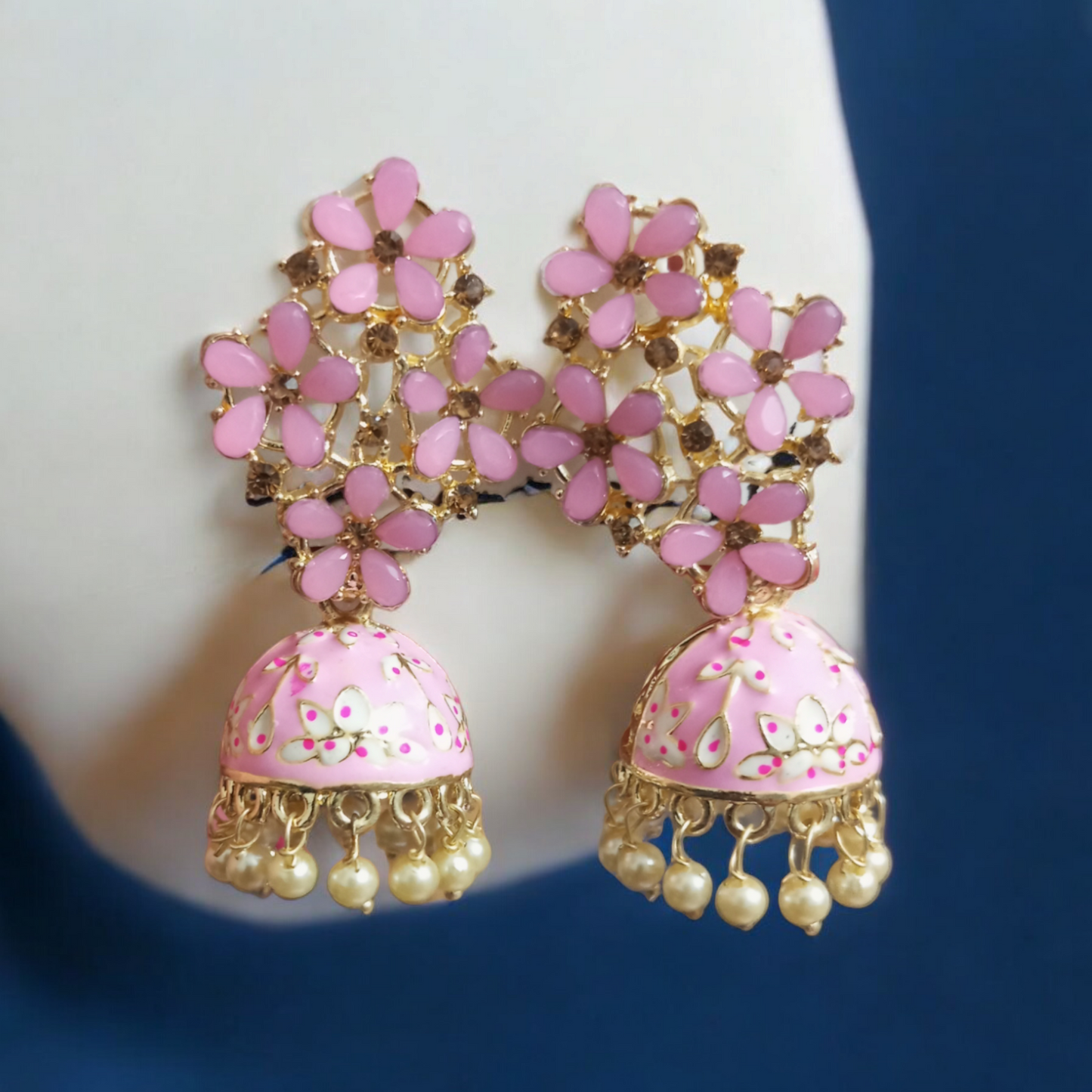 Heena Small Pearl Meenakari Jhumki Earrings