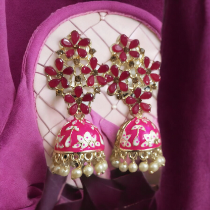 Heena Small Pearl Meenakari Jhumki Earrings