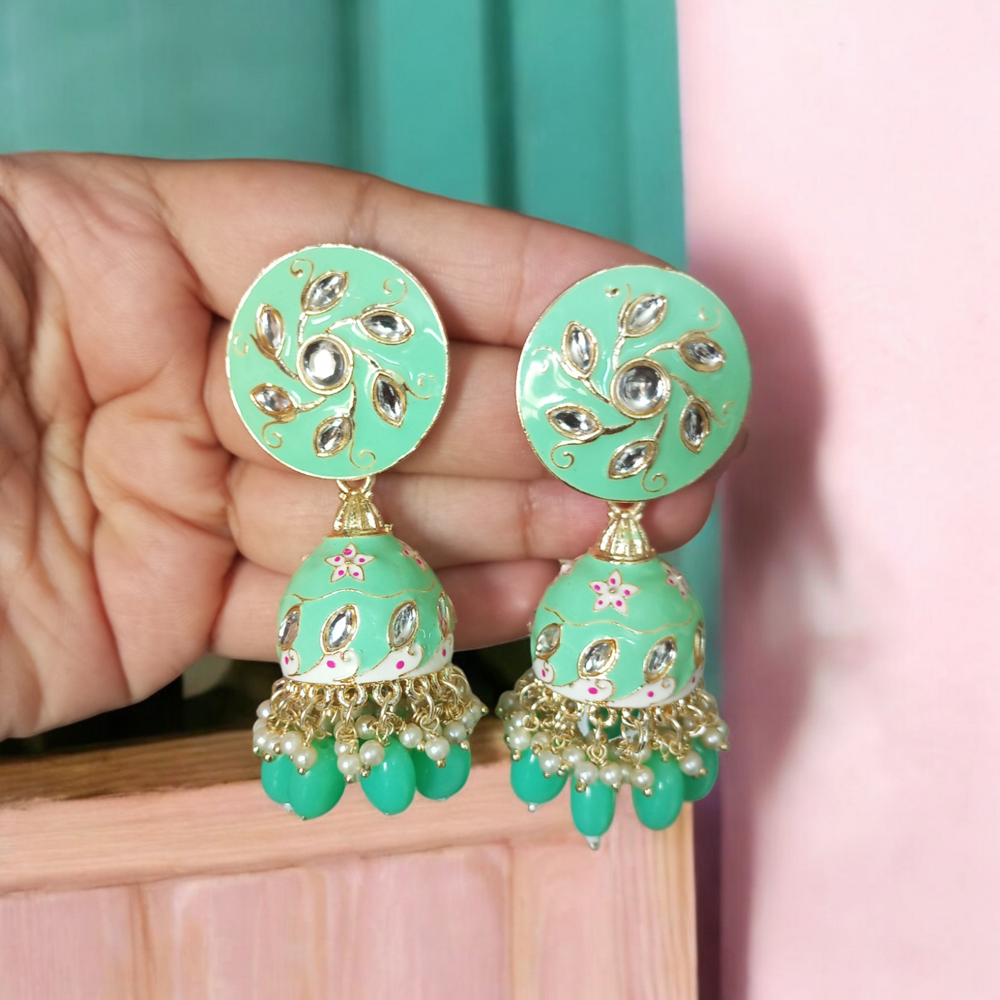 Hrisha Mint Green Jhumka Earrings