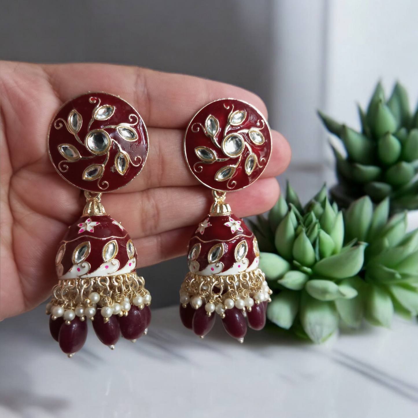 Hrisha Maroon Jhumka Earrings