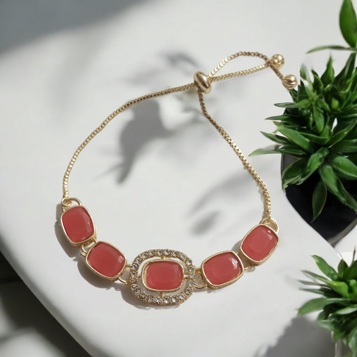 Kundan Peach Adjustable Bracelet