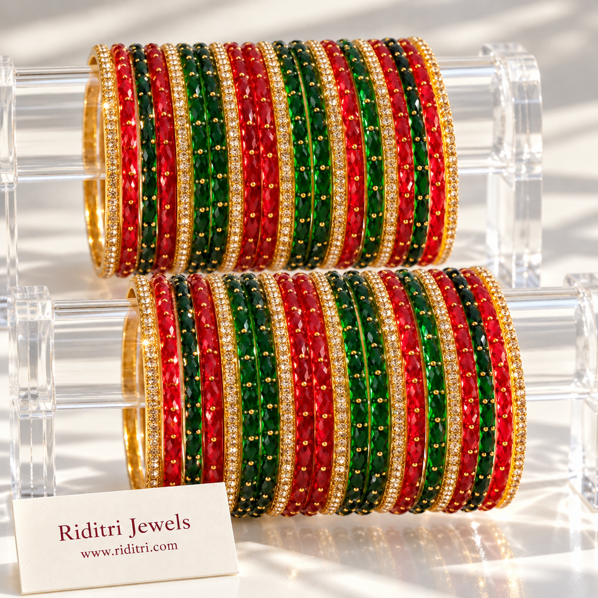 Red Green Raindrop Golden Glass Bangles Set