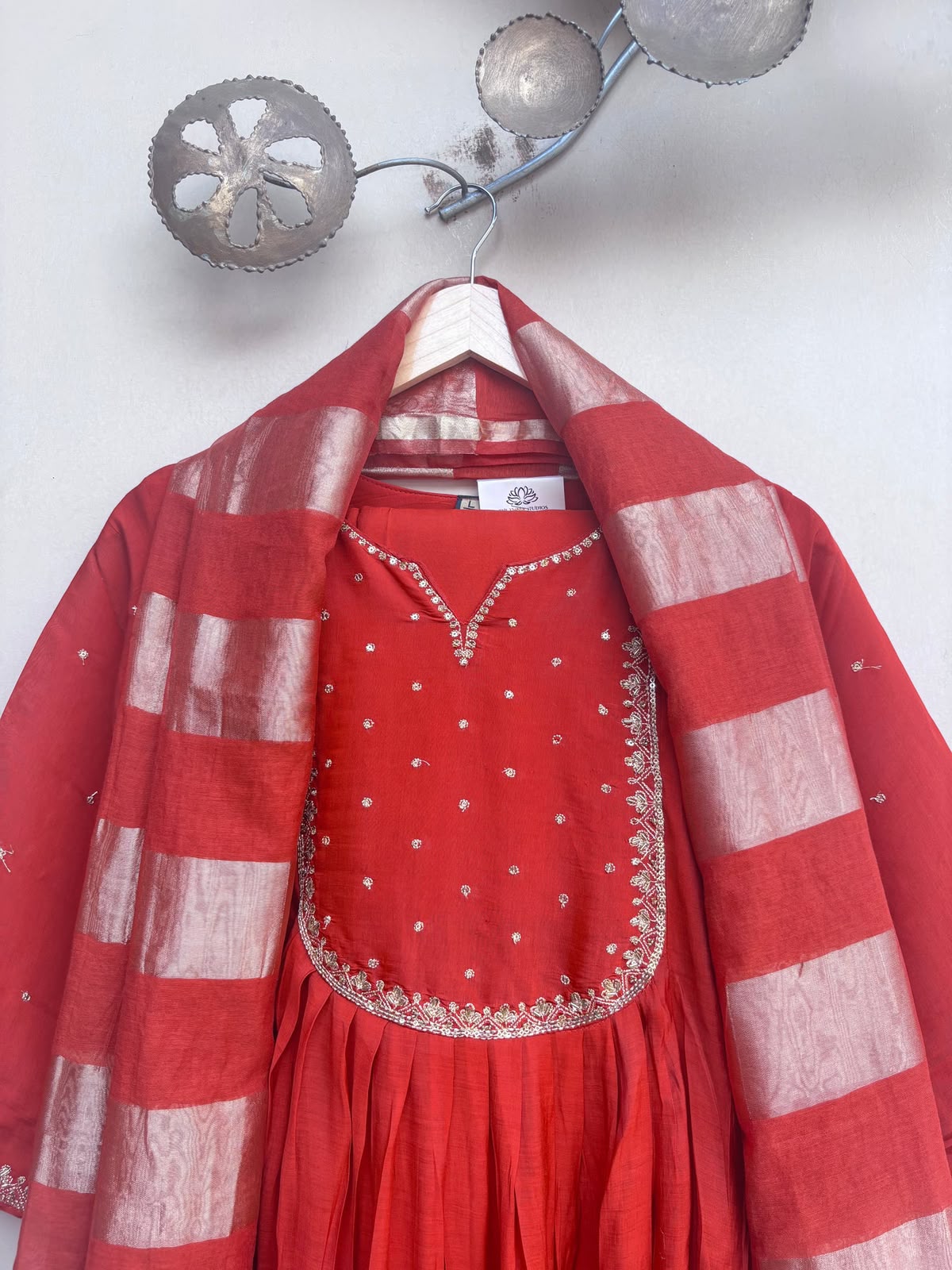 Rusty Orange Embroidered Mulchanderi Kurta Set with Tissue Dupatta (3 Pc)