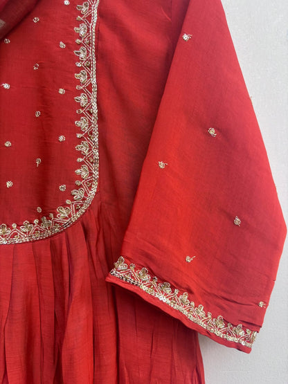 Rusty Orange Embroidered Mulchanderi Kurta Set with Tissue Dupatta (3 Pc)