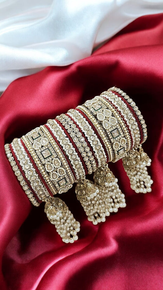 Kundan Bridal Stone Dark Red Bangles Set