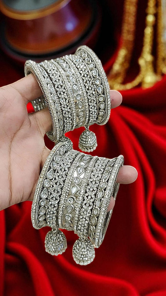 Sundari Kundan Stone Silver Bangles Set