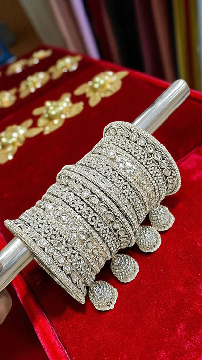 Sundari Kundan Stone Silver Bangles Set