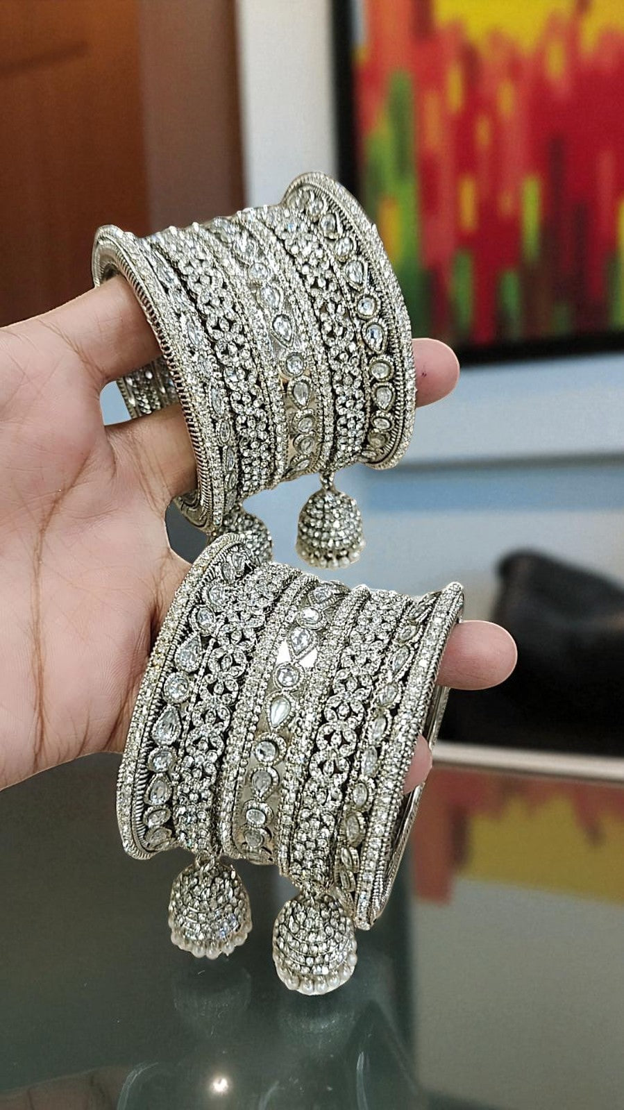 Sundari Kundan Stone Silver Bangles Set