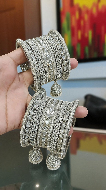 Sundari Kundan Stone Silver Bangles Set