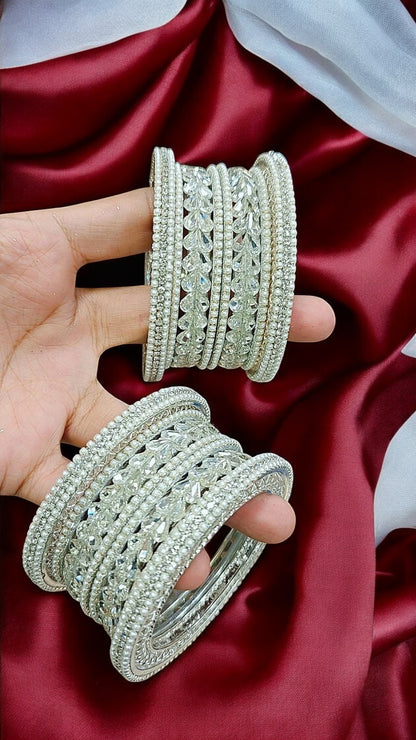 US Moti Stone Silver Bangles Set